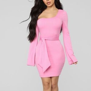 Pink Long Sleeve Ribbed Mini Dress